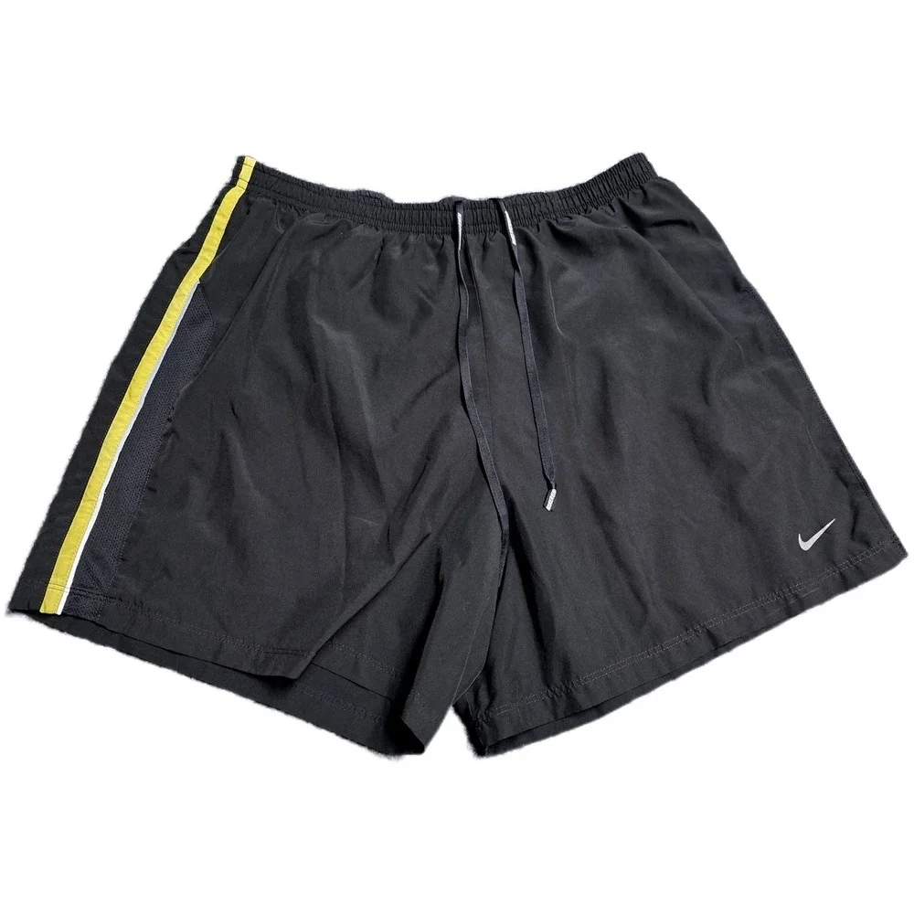 Nike Dri-FIT Running Shorts Women's ‎ Size L Black Neon Yellow Stripe